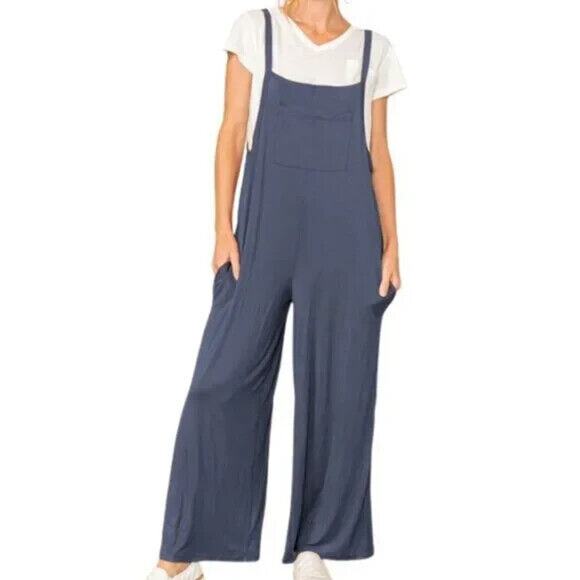 Elloh Womens Jumpsuit Small Blue Stretch Wide Leg Pants Romper Overalls Pockets - Picture 1 of 10